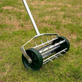 Heavy Duty Rotary Push Lawn Aerator with 3-Piece Long Steel Handle Spike Tine Design for Soil Aeration and Grass Maintenance Durable Rolling Garden an