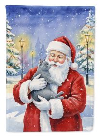 Gray Cat with Santa Claus House Flag Large Porch Sleeve Pole Decorative Outside Yard Banner Artwork Wall Hanging, Polyester, House Size, Multicolor